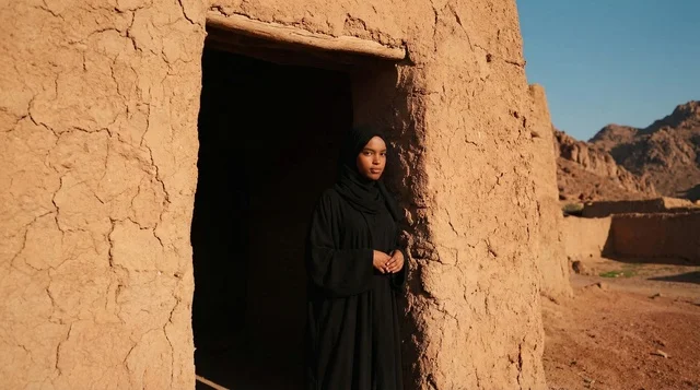 African Woman in Hijab at Traditional Mud House