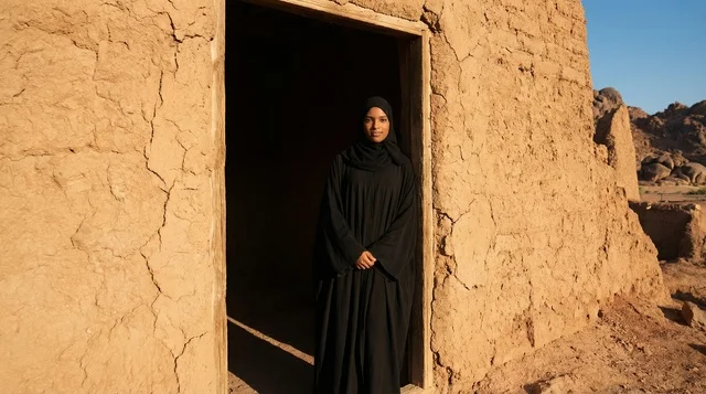 امرأة سعودية بالعباءة التقليدية في موقع تراثي