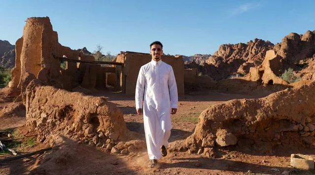 Saudi Man in White Thobe at Ancient Mud Ruins