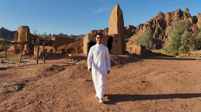 رجل سعودي بالثوب الأبيض يمشي في قرية تراثية