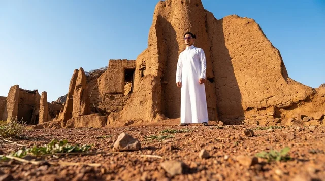 Saudi Man in White Thobe at Desert Heritage Site