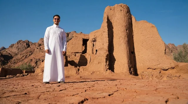 A Saudi man in traditional attire at a desert heritage site.
