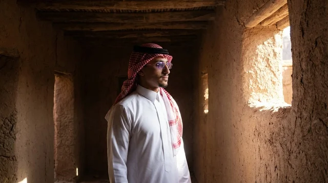 رجل سعودي بالزي التقليدي داخل بيت طيني تراثي