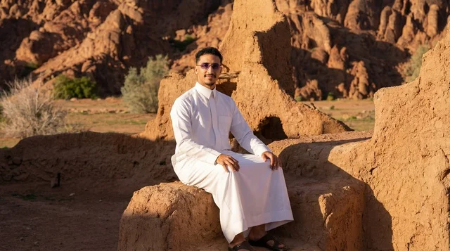 Saudi Man in Traditional Thobe at Desert Ruins