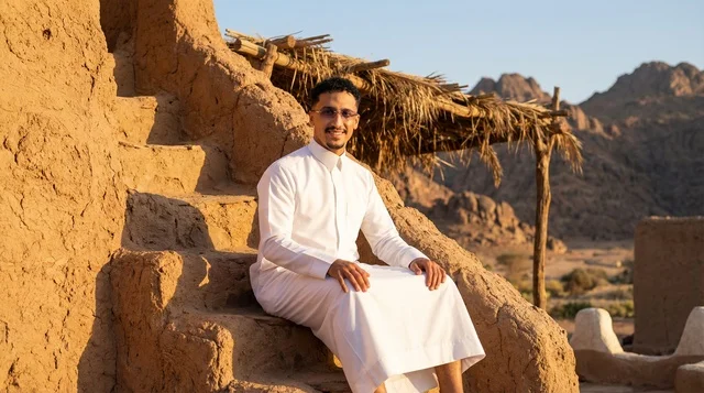 Saudi Man in White Thobe at Heritage Mud Building Site