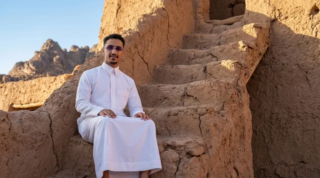 Saudi Man in White Thobe at Heritage Mud House