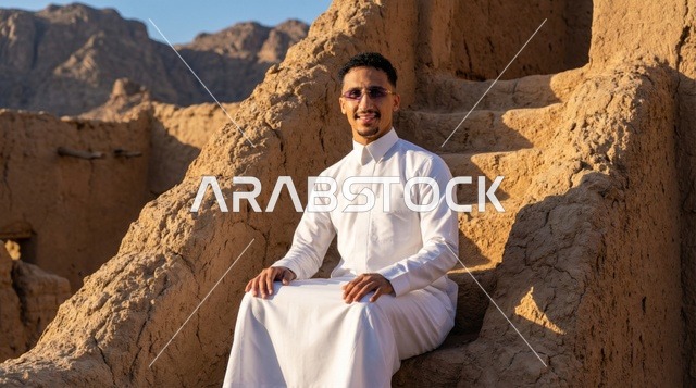 رجل سعودي بالثوب الأبيض في بيت طيني تراثي