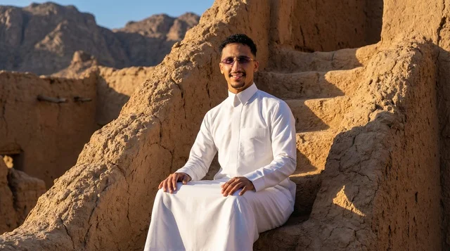 رجل سعودي بالثوب الأبيض في بيت طيني تراثي