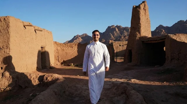 رجل سعودي بالثوب التقليدي في قرية تراثية طينية