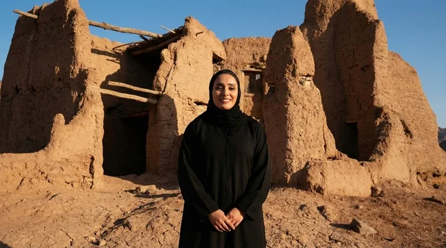 Saudi Woman in Abaya at Traditional Mud Ruins