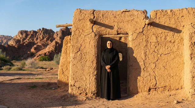 Saudi Woman in Black Abaya at Traditional Mud House