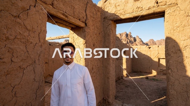 رجل سعودي بالثوب الأبيض في البيوت الطينية القديمة