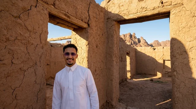 Saudi Man in Thobe at Ancient Mud Brick Ruins