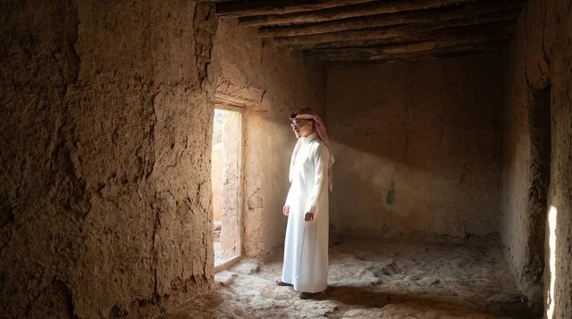 رجل سعودي بزي تقليدي داخل بيت طيني تراثي