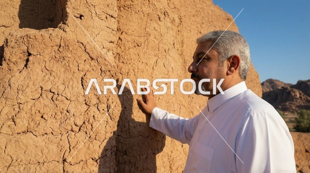 رجل سعودي بالثوب التقليدي عند مبنى طيني تراثي