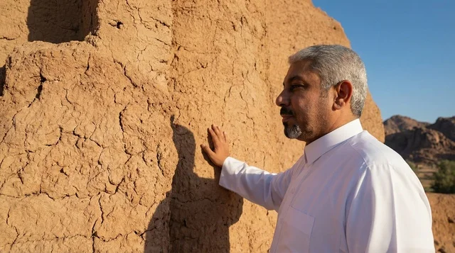 رجل سعودي بالثوب التقليدي عند مبنى طيني تراثي رجل سعودي بالثوب التقليدي عند مبنى طيني تراثي