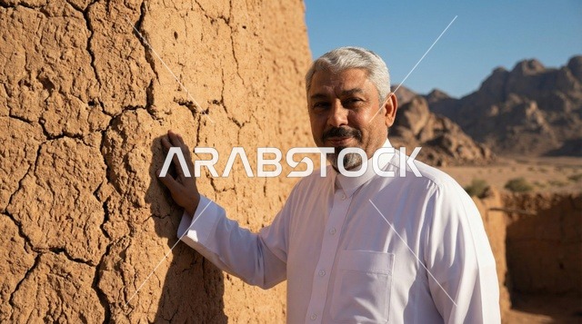 رجل سعودي بالثوب الأبيض بجانب جدار طيني