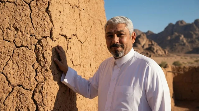 Saudi Man in White Thobe by Mud Wall