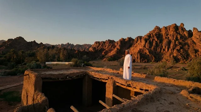 Saudi Man in Traditional Thobe at Desert Ruins