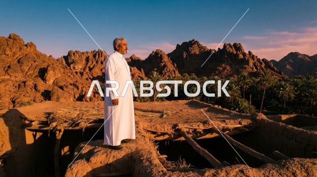 رجل سعودي بالثوب عند بيت طيني تراثي وقت الغروب