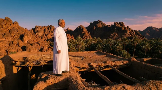 Saudi Man in Thobe at Heritage Mud House Sunset