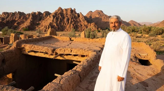 رجل سعودي بالزي التقليدي في قرية تراثية صحراوية