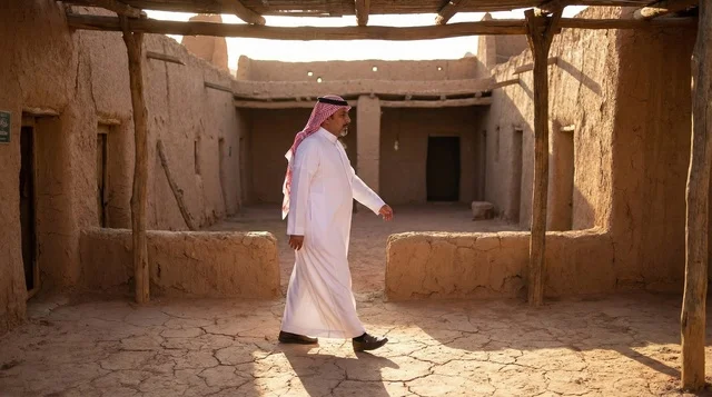 Saudi Man Walking in Traditional Mud Brick Village