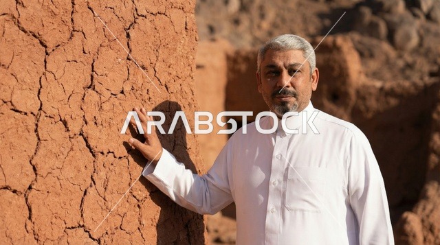 رجل سعودي بالثوب التقليدي بجوار جدار طيني قديم