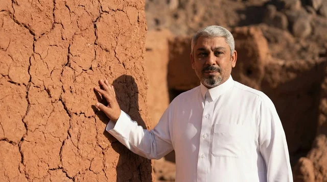 رجل سعودي بالثوب التقليدي بجوار جدار طيني قديم