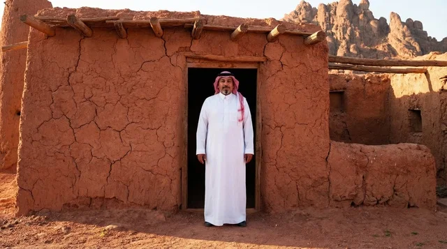 Saudi Man at Traditional Mud Brick House