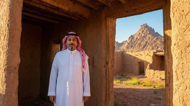 رجل سعودي بالزي التقليدي في موقع تراثي تاريخي
