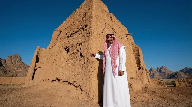Saudi Man in Traditional Dress at Heritage Mud Building