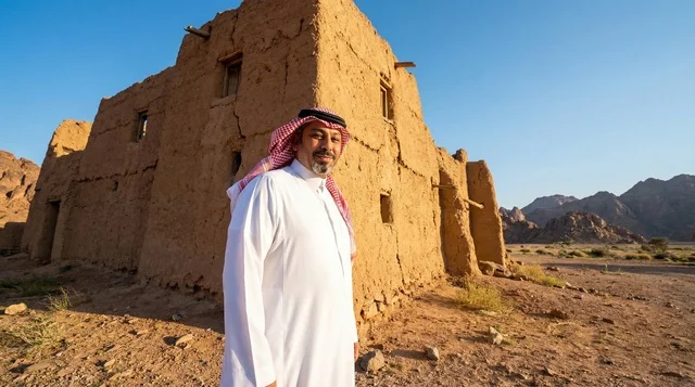 رجل سعودي بالزي التقليدي أمام قلعة طينية تراثية