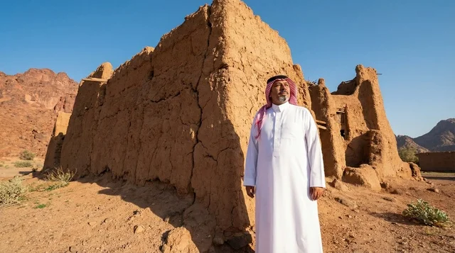 رجل سعودي بالزي التقليدي في موقع أطلال طينية تراثي