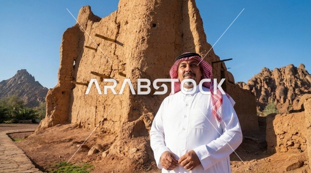 رجل سعودي أمام موقع تراثي طيني قديم