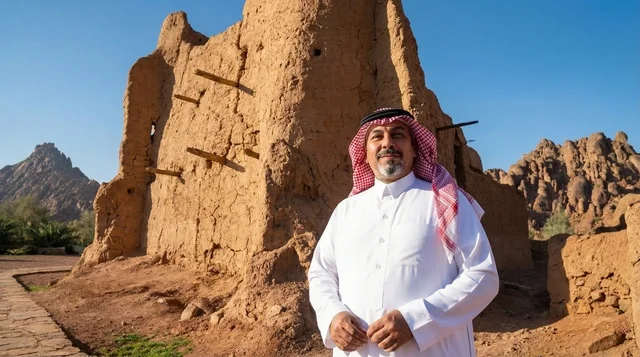 رجل سعودي أمام موقع تراثي طيني قديم