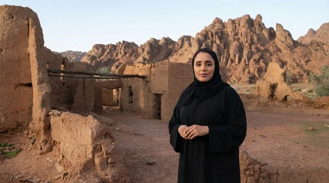 امرأة سعودية بالعباءة في قرية طينية قديمة