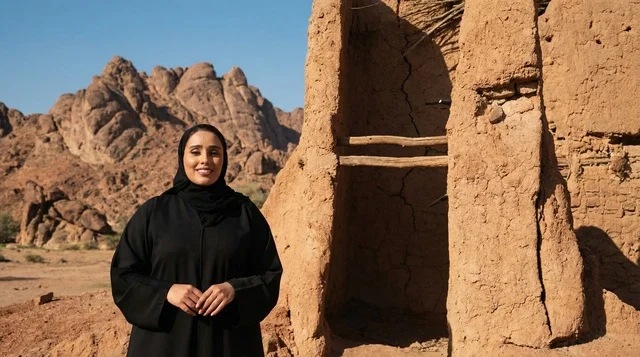 امرأة سعودية بالعباءة السوداء أمام أطلال صحراوية قديمة