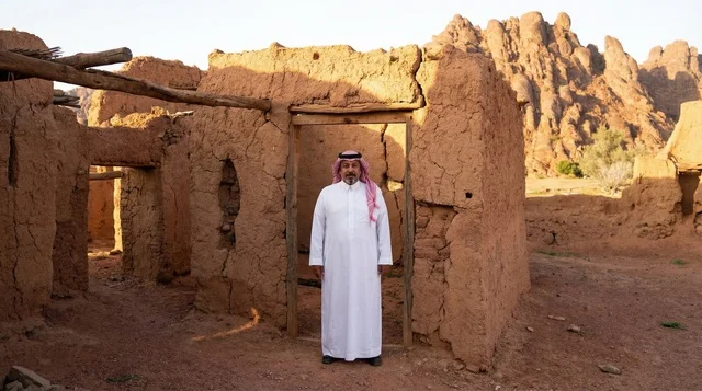 Saudi Man in Traditional Dress at Ancient Mud House Ruins