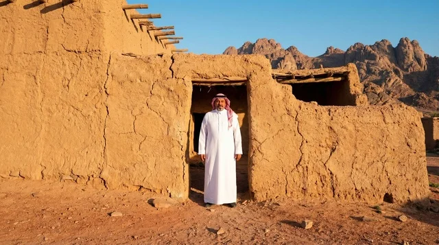 رجل سعودي بالزي التقليدي أمام بيت طيني قديم