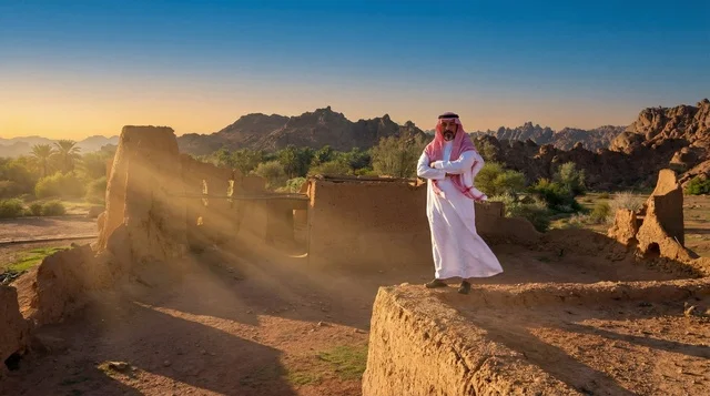 Saudi Man in Traditional Dress at Ancient Desert Ruins