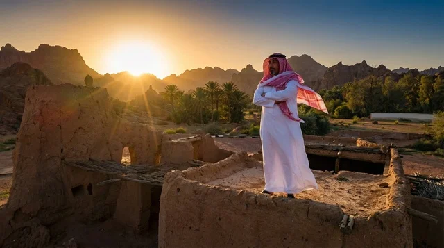 رجل سعودي بالزي التقليدي في قرية تراثية وقت الغروب