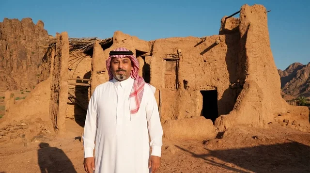 رجل سعودي يقف أمام منزل طيني قديم