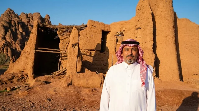 رجل سعودي بالزي التقليدي أمام أطلال مباني طينية