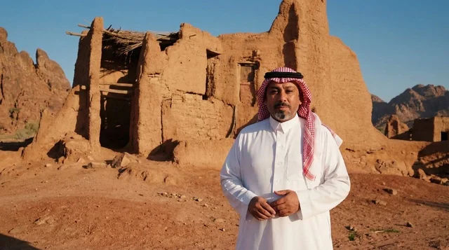 Saudi Man in Traditional Dress at Ancient Mud Ruins