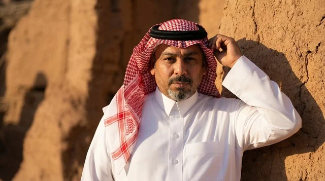 Saudi Man in Traditional Dress by Heritage Mud Wall