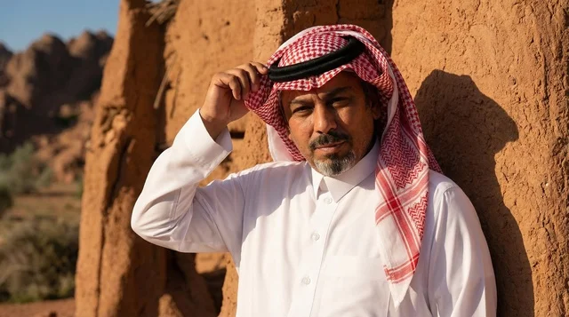 Saudi Man in Traditional Dress at Historic Mud Wall
