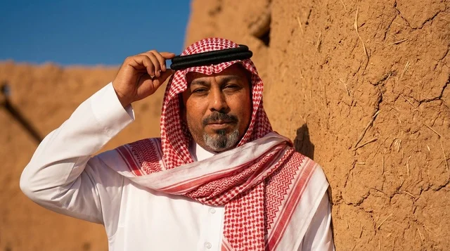 رجل سعودي بالزي التقليدي أمام جدار طيني تراثي