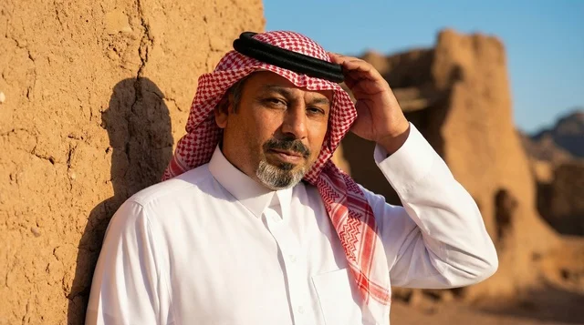 رجل سعودي باللباس التقليدي في موقع تراثي