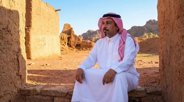 رجل سعودي بالزي التقليدي في قرية طينية أثرية
